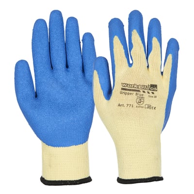 OS Gripper Blue arbejdshandsker, str. 9, med blå latex-belægning og beige bomuld/polyester.