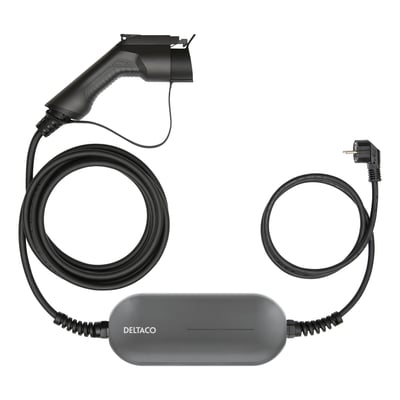 Samlet overblik over Deltaco e-Charge Mode 2 ladekabel med 5.5 meters længde, viser Schuko og type 1 stik.