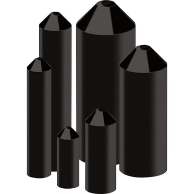TE Connectivity krympeendemuffe 102L011 i sort, der viser fem forskellige størrelser klar til krympning med diametre fra 4 til 10 mm.