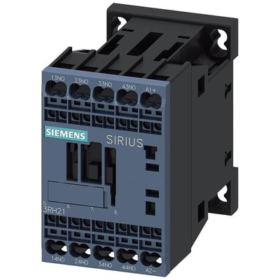 Siemens SIRIUS 3RH21 hjælpekontaktor set skråt forfra med 4 NO-kontakter, fjederklemmer og 24 V DC.