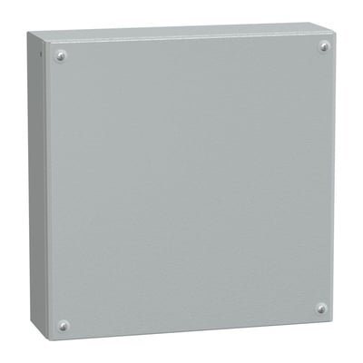 Vinklet billede af Schneider Electric klemkasse i metal, 400x400x120 mm, med robust design og skruelåg.