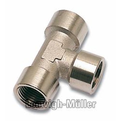 Parker Legris T-muffe 0915 med 1/2" G-gevind, fremstillet af forniklet messing, med tre tilslutninger for rør og slanger.