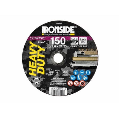 Ironside Ceramic 2-in-1 skæreskive, 150 x 1,6 mm, set forfra med sort tryk og rundt centerhul.