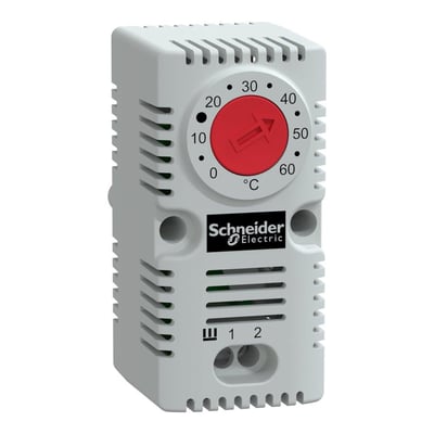 Detaljeret billede af Schneider Electric ClimaSys CC termostatens frontpanel, der viser betjeningsring, temperaturmarkeringer og serienummer.