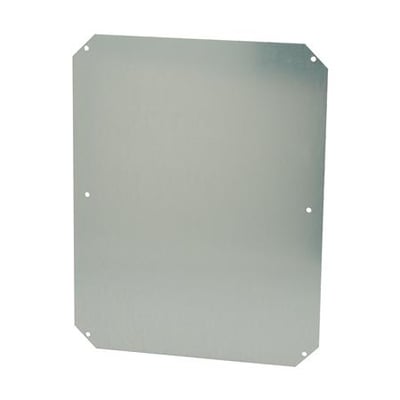 Fibox montageplade i elforsinket stål til Arca vægskabe, måler 500x400 mm med forborede monteringshuller i hjørnerne.