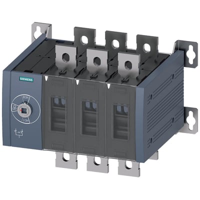 Siemens SENTRON 3KC overførsel kontakt, størrelse 4, 3-polet, 630A, manuelt betjent med et drejehjul til ON/OFF funktion, i grå og sort plast med metal terminaler.