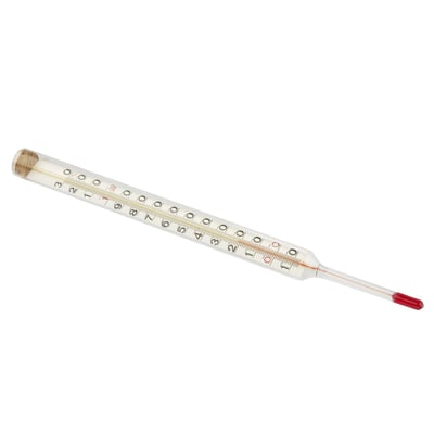 Erik Færgemann kedel-termometerglas, 300 mm lang med rød væske og en skala fra -10 til +120 grader.