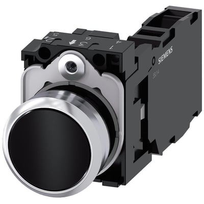 Siemens Sirius ACT trykknap, 22mm, rund, i sort metal med skinnende finish og bagmonteret kontaktmodul.