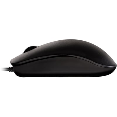 Sort Cherry MC 1000 optisk mus set fra siden med afrundet, symmetrisk form og tilsluttet kabel.