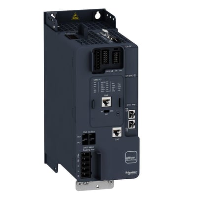 Detaljeret frontvisning af Schneider Electric ATV340 frekvensomformer med tydelige mærkater for porte og funktioner, inklusiv Ethernet.