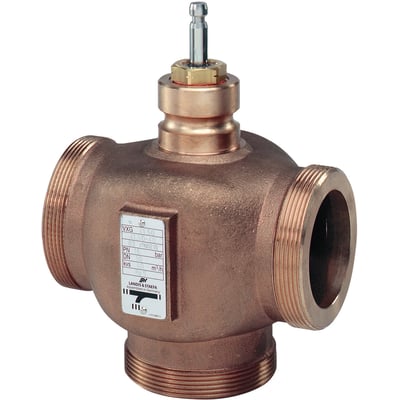 Siemens VXG41.32 3-vejs ventil i bronze, PN16, DN32 med udvendigt gevind, vist på hvid baggrund.