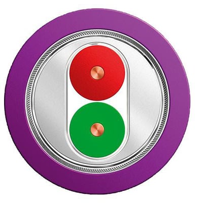 Siemens Profibus FC standard kabel med violet ydre kappe, viser to indre ledere i rød og grøn med kobberkerne.