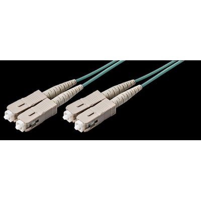 Fiberoptisk patchkabel med to dupleks SC/PC-konnektorer, 2mm Aqua LSZH-kappe på 25m længde mod sort baggrund.