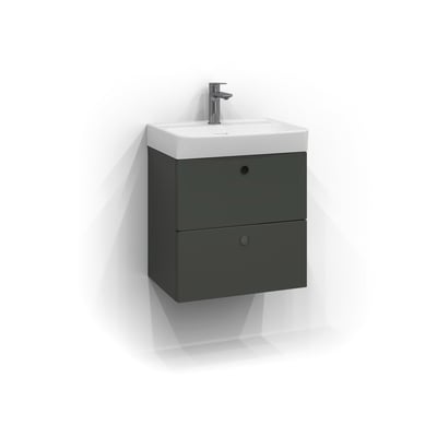 Svedbergs Intro underskab i salvie mat med to skuffer og hvid porcelænsvask med armatur monteret på væg.