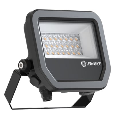 Sort Ledvance Floodlight Area Asym 16 W projektør med multi lumen-funktion, vist skråt forfra med LED-optik og beslag.