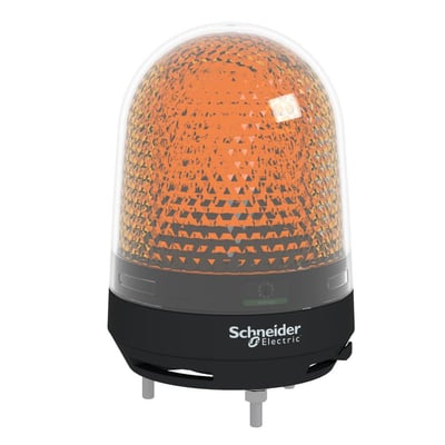 Orange Schneider Electric XVR3 signallampe med buzzer, 100-230 VAC, set fra siden med synlige monteringsbeslag.