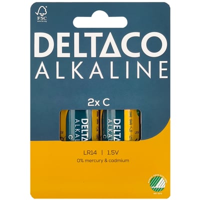 DELTACO C/LR14 alkalisk batteri på 1,5 V i gul og mørkeblå emballage med batterier synlige gennem vinduet.