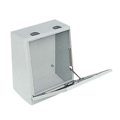 Schneider Electric konsol 483 x 600 x 300 mm i stål til PanelSet SD pult med åben låge og synlige hængsler.