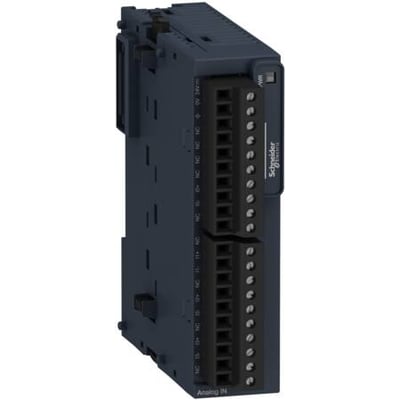 Schneider Electric TM3 analog indgangsmodul med 4 indgange, 12 bits opløsning og mærkat 'Analog IN' i grå plast.