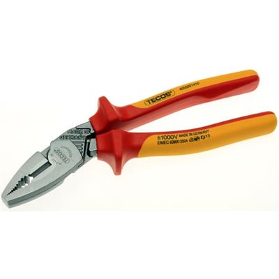 Wareco kombinationstang LAUS EVO 190mm med røde og gule isolerede greb. Tydeligt mærket 'Made in Germany' og 1000V.