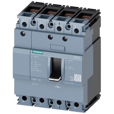 Siemens 4-polet maksimalafbryder 3VA1 med 125A nominel strøm og ramme 160, uden overbelastningsbeskyttelse, vist på hvid baggrund.