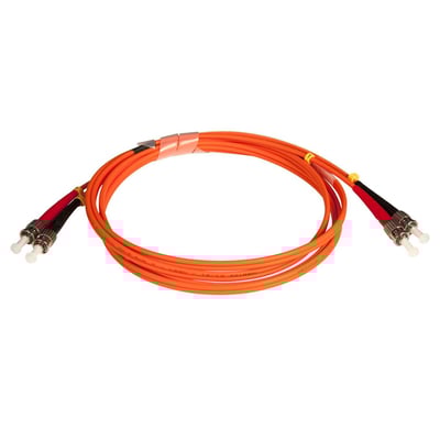 Orange, metal-armeret duplex fiberpatchkabel med ST/PC-connectorer, 3mm diameter og 13 meter længde.