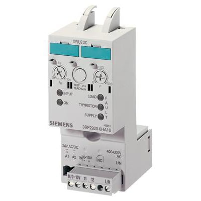 Siemens solid-state relæ 3RF2920-0HA13 til 20A, 110-230V/24VAC/DC, med frontkontrol og skrueterminaler.