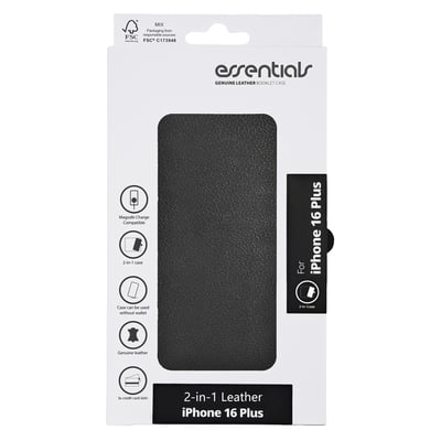 Emballagen til Essentialb sort lædercover til iPhone 16 Plus viser coveret gennem et vindue og dets funktioner.