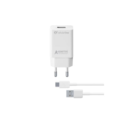 Hvid CellularLine 15W oplader med EU-stik og et hvidt USB-C til USB-A kabel isoleret på en hvid baggrund.