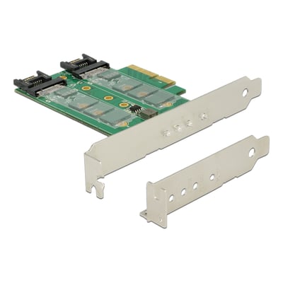 DeLock PCI Express-kort med tre M.2-slots, vist skråt sammen med to beslag, herunder et low-profile-beslag.
