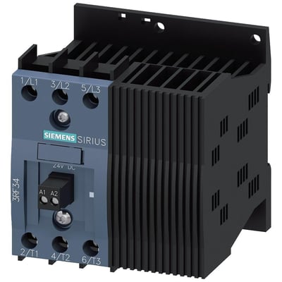 Siemens 3RF3 solid-state kontaktor, 3-faset, 9,2A, 48-480V, med 24V DC styring, vist på en isoleret hvid baggrund.
