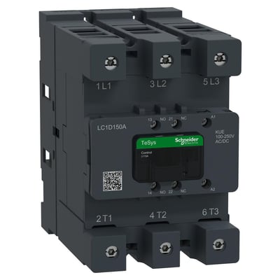 Schneider Electric TeSys Deca Advanced 3-polet kontaktor, LC1D150A, med 100-250V AC/DC spole og EverLink-tilslutning, viser den grå plastkonstruktion.