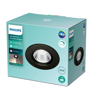 Emballage for Philips Dive indbygningsspot i sort, vist fra skrå vinkel med produktbilleder og tekniske symboler som IP65 og LED.