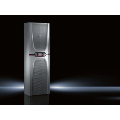 Rittal Aircon Blue E+ sidemonteret køleenhed, 2000W, med grå metalkabinet og sort baggrund med lysrefleksioner.