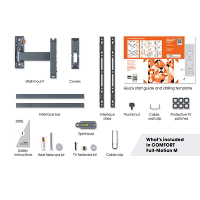 Oversigt over alle dele til Vogel's TVM 3425 vægbeslag, inklusiv beslag, skruer og installationsvejledning.