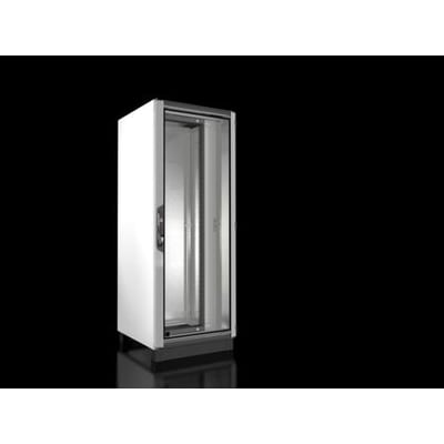 Rittal VX IT Standard netværksskab i RAL7035 grå med glasdør, 800x2000+100x800mm og 40U. Skabet står på sort sokkel med reflekterende overflade.