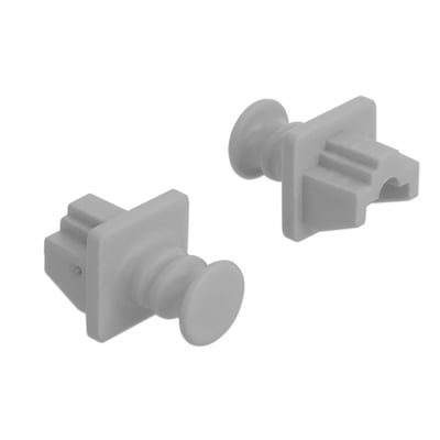 To grå Delock RJ45 støvhætter med firkantet fatning og rund knop, isoleret på hvid baggrund.