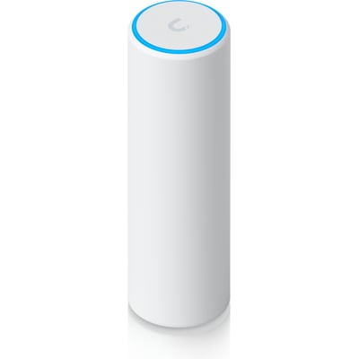 Ubiquiti U7 Mesh WiFi 7-access point til indendørs og udendørs brug, vist som en hvid, cylinderformet enhed med blå lysring på toppen.