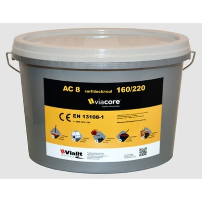 NID Viacore reparationsasfalt i 25 kg spand med gråt låg og håndtag, mærket med produktinformation og symboler for anvendelse.