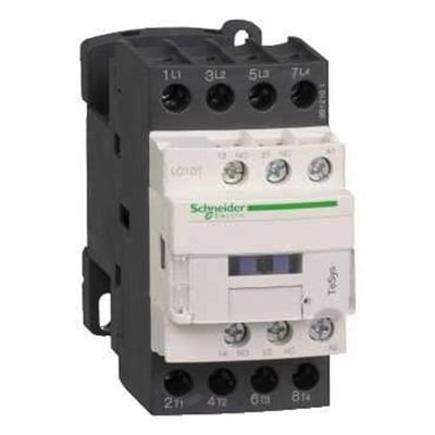 Schneider Electric TeSys D kontaktor LC1DT20P7 set fra siden, viser 4-polet design med 20A mærkestrøm og 230V spole.