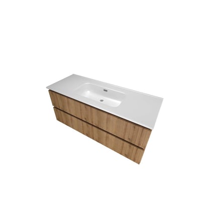 Vinklet billede af Sanibell Proline 121 cm møbelsæt i urban eg med hvid porcelænsvask og 2 praktiske softclose skuffer.