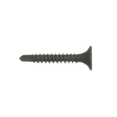 Sort FIXX-gipsskrue i stål, 3,5 x 25 mm, set fra siden med borespids, gevind og trompetformet hoved.