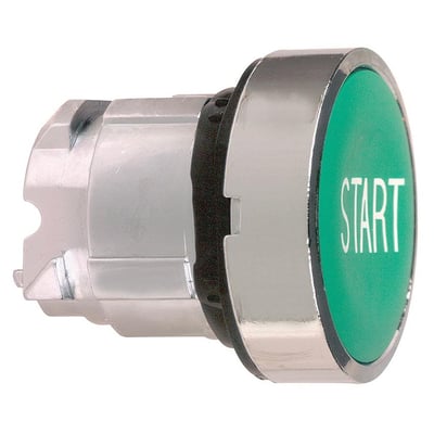 Sidevisning af Schneider Electric Harmony trykknap, der viser den grønne "START" trykflade og monteringsmekanismen med sort gummitætning.