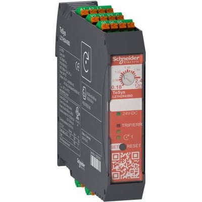 Schneider Electric TeSys LZ1H2X43BD motorstarter i mørkegrå med grønne og orange terminaler, set fra siden med fokus på mærkater og drejeknap.