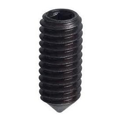 Unbrako M5X16 pinolskrue type MSC i sort metal, med indvendig 6-kant og skarp spids.