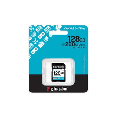 Kingston Canvas Go Plus Gen4 SDXC-kort på 128 GB i blå og sort emballage, mærket med hastighed på 200 MB/s.