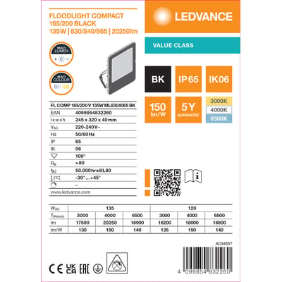 Informationsgrafik med tegning af sort Ledvance Floodlight Compact-projektør og specifikationer for lysstyrke, effekt og farvetemperatur.