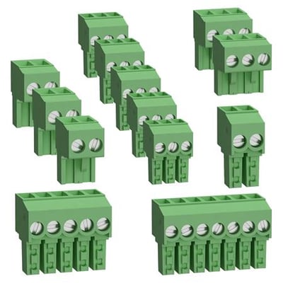 Schneider Electric M172 18 I/O skrue terminal blokke i grøn plast med forskellige antal terminaler og skruer.