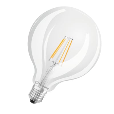 Ledvance LED globe 125 filament lyskilde med klar glasoverflade, synligt filament og E27 sokkel.
