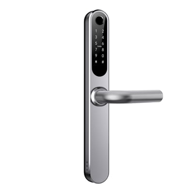 Zafe T-Lock SCANDI smartlås i rustfrit stål med sort talpanel, kortlæser og vandret dørgreb.